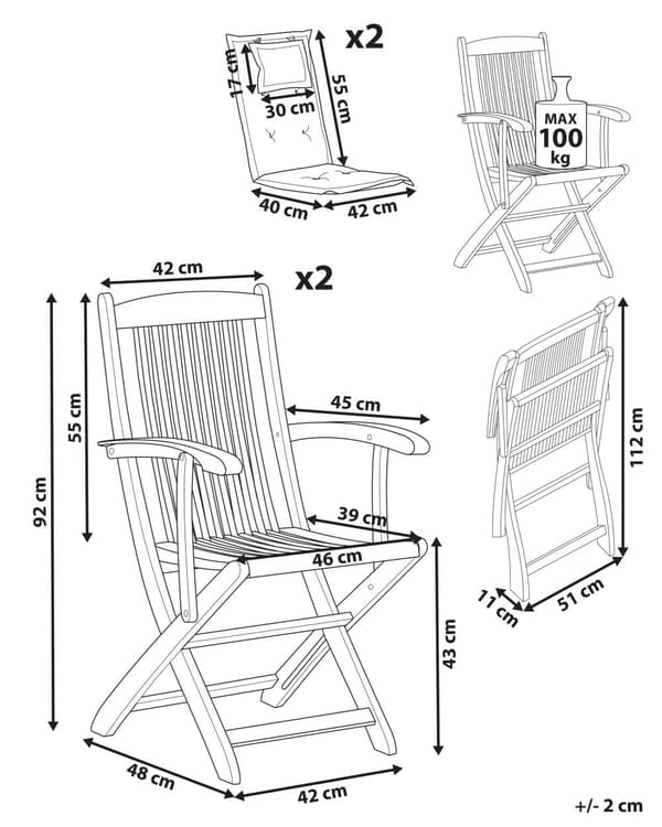 Trädgårdsstol 2 st Ljust Akaciaträ med Blå Dyna Hopfällbara Rustik Design