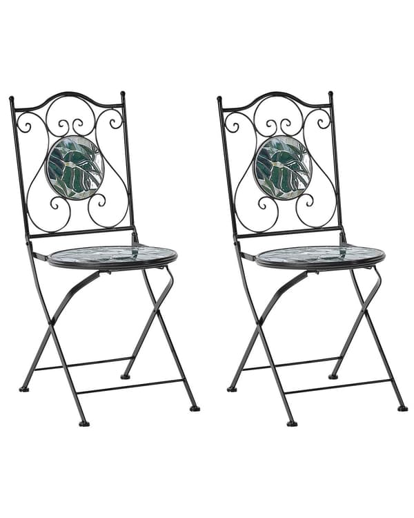Sett med 2 Hagestoler Svart Grønn Metall Sammenleggbare med Jernramme Mosaikkmønster Vintage stil