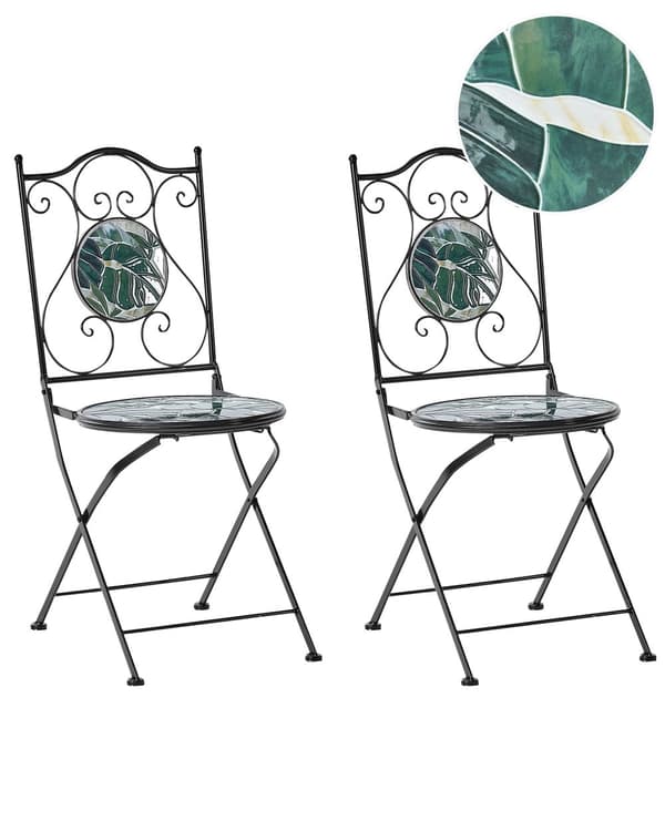 Sett med 2 Hagestoler Svart Grønn Metall Sammenleggbare med Jernramme Mosaikkmønster Vintage stil