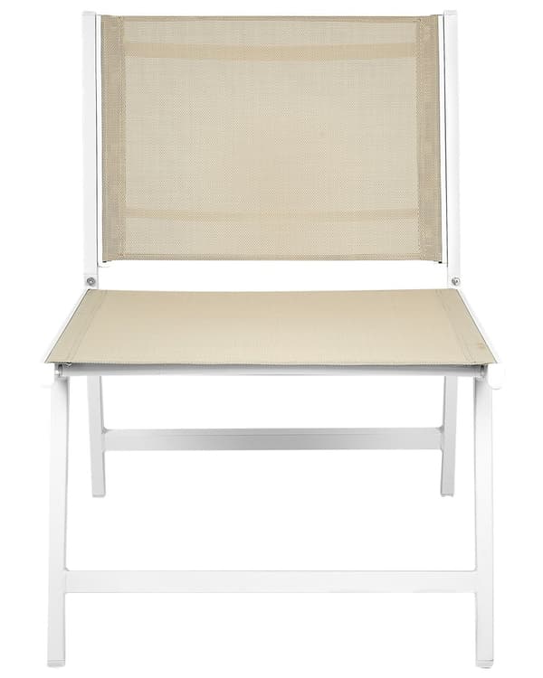 Havestol med sæde og ryglæn i beige og hvid textilene Metalramme med fodstøtte Moderne udendørs terrassedesign