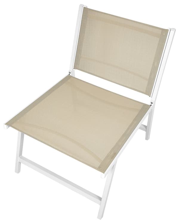 Havestol med sæde og ryglæn i beige og hvid textilene Metalramme med fodstøtte Moderne udendørs terrassedesign