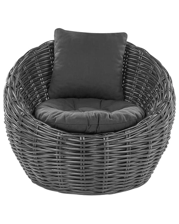 Trädgårdsstol Svart Naturrotting med dyna i polyester Modern design Loungemöbler för utomhusbruk