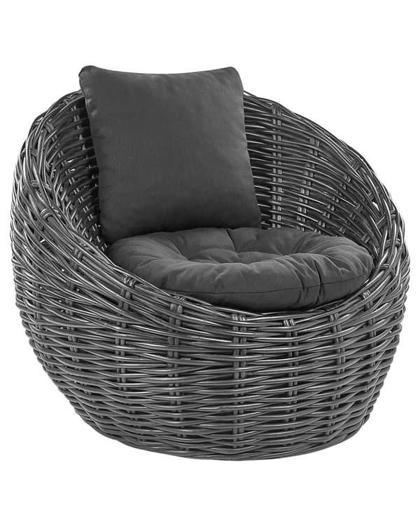 Trädgårdsstol Svart Naturrotting med dyna i polyester Modern design Loungemöbler för utomhusbruk