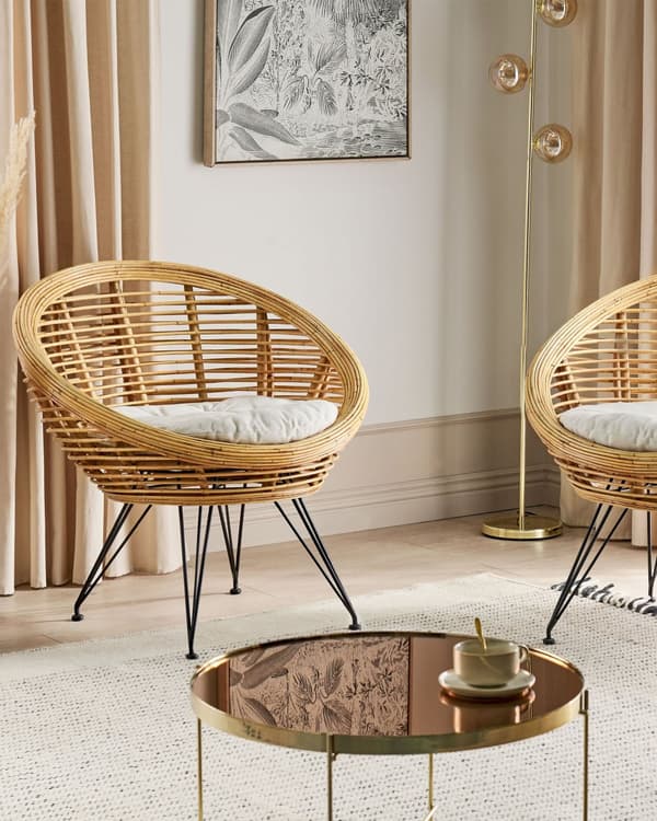 Set med 2 Stolar Naturlig Rotting Light Beige Bomullsdyna Medium Resistens Inomhus Utomhus Boho Stil Trädgård Uteplats Balkong