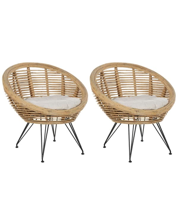 Set med 2 Stolar Naturlig Rotting Light Beige Bomullsdyna Medium Resistens Inomhus Utomhus Boho Stil Trädgård Uteplats Balkong