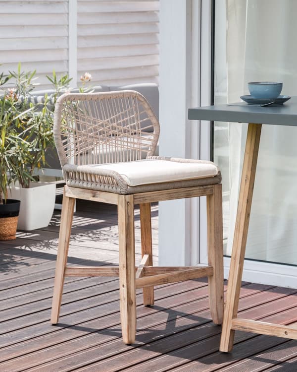 Baarituoli vaalea akasiapuu beige polypropeeni 2 kpl setti ulkokäyttöön puutarhaan boho rustiikkinen tyyli