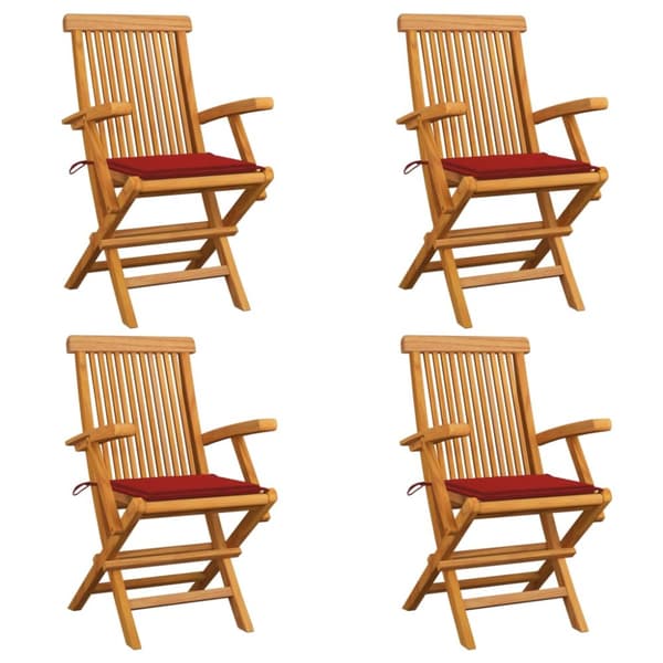 Trädgårdsstolar med röda dynor 4 st massiv teak