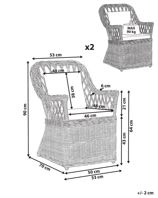 Puutarhatuoli vaalea rottinki beige istuintyyny 2 kpl setti luonnollinen ulkokäyttöön sisälle boho tyyli