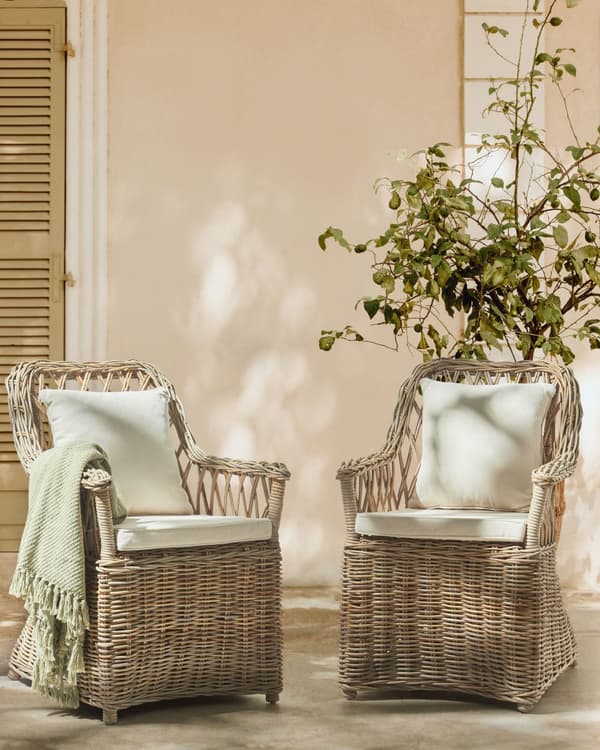 Puutarhatuoli vaalea rottinki beige istuintyyny 2 kpl setti luonnollinen ulkokäyttöön sisälle boho tyyli