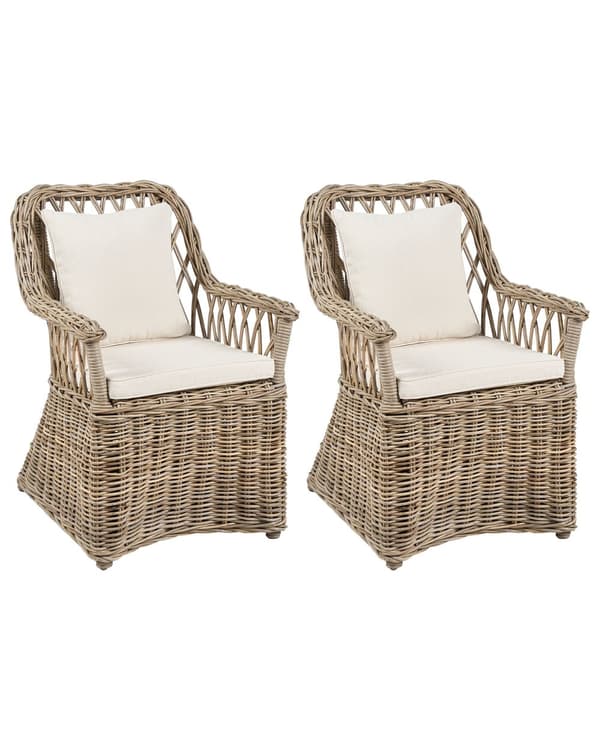 Puutarhatuoli vaalea rottinki beige istuintyyny 2 kpl setti luonnollinen ulkokäyttöön sisälle boho tyyli