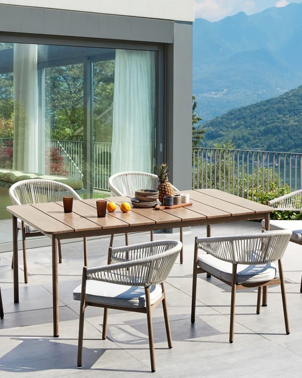 Sett med 6 hagestoler Mørkt tre Taupe Aluminium Varmeoverføring Finish Ramme Stabelbar Utendørs Patio Moderne