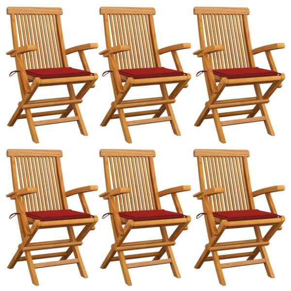 Trädgårdsstolar med röda dynor 6 st massiv teak