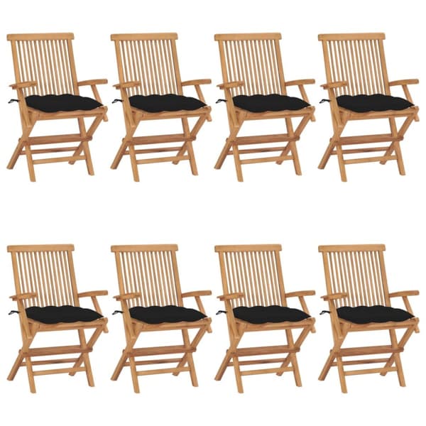 Trädgårdsstolar med svarta dynor 8 st massiv teak