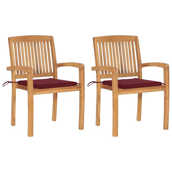 Trädgårdsstolar 2 st med vinröda dynor massiv teak