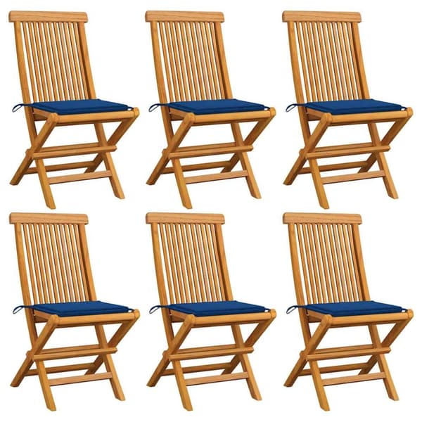 Trädgårdsstolar med kungsblåa dynor 6 st massiv teak
