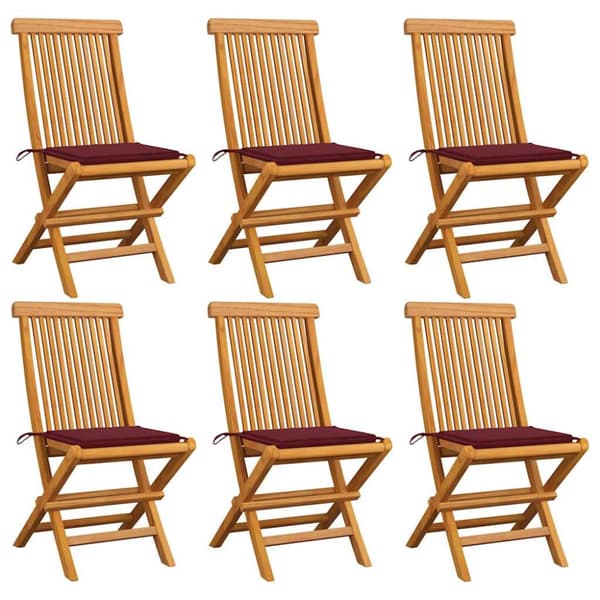 Trädgårdsstolar med vinröda dynor 6 st massiv teak