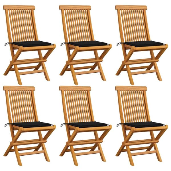 Trädgårdsstolar med svarta dynor 6 st massiv teak