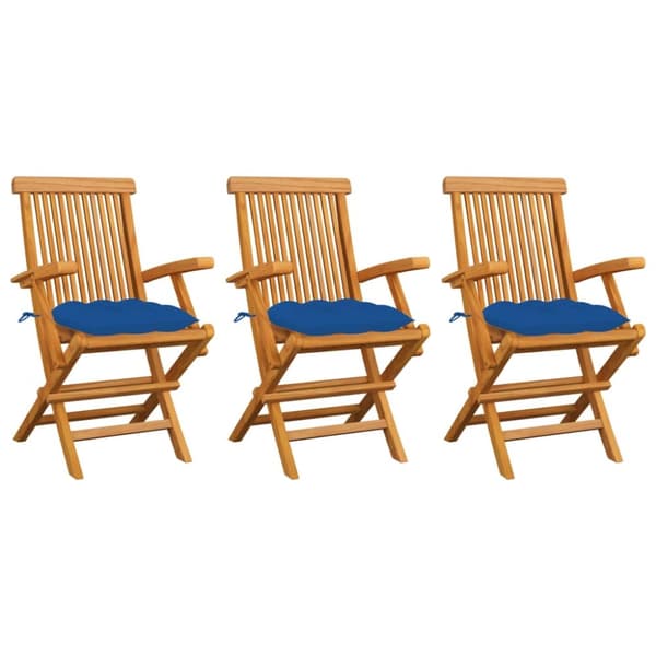 Trädgårdsstolar med blåa dynor 3 st massiv teak