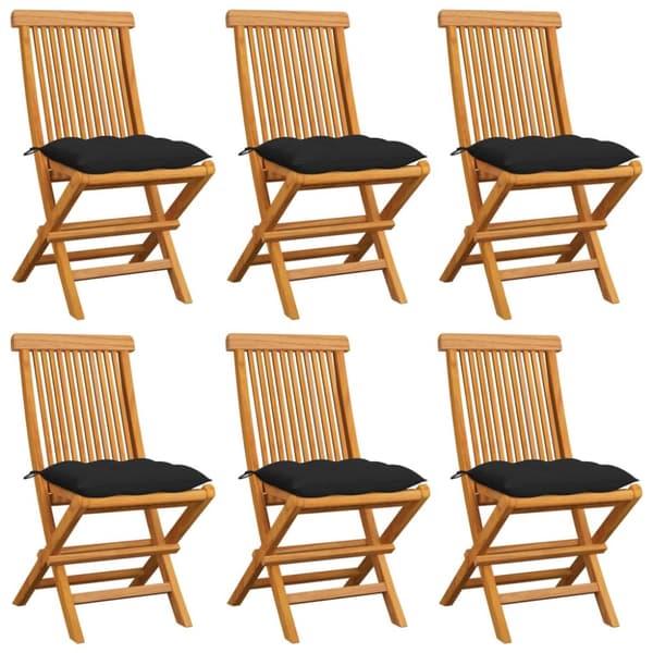Trädgårdsstolar 6 st med svarta dynor massiv teak