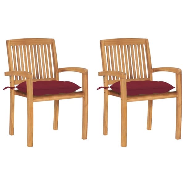 Trädgårdsstolar 2 st med vinröda dynor massiv teak