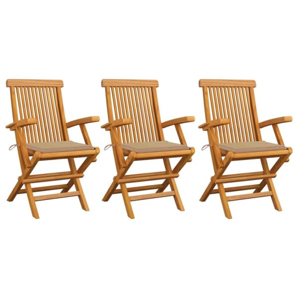 Trädgårdsstolar med beige dynor 3 st massivt teakträ