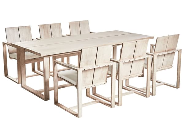 Utendørs spisegruppe Lyst akasietre 230 x 100 cm 6 stoler Off-white sitteputer Armlener Rustikk stil Hagemøbler