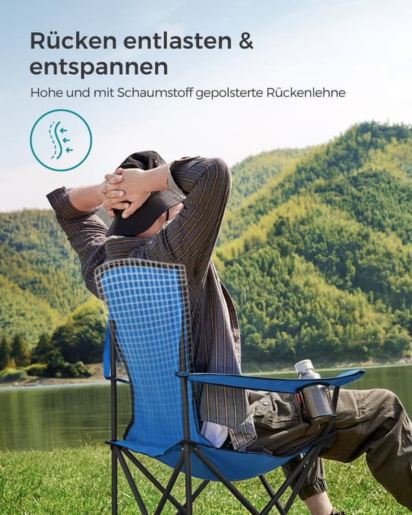 Campingstol, hopfällbar, vadderat säte, 90x55x102 cm, Blå