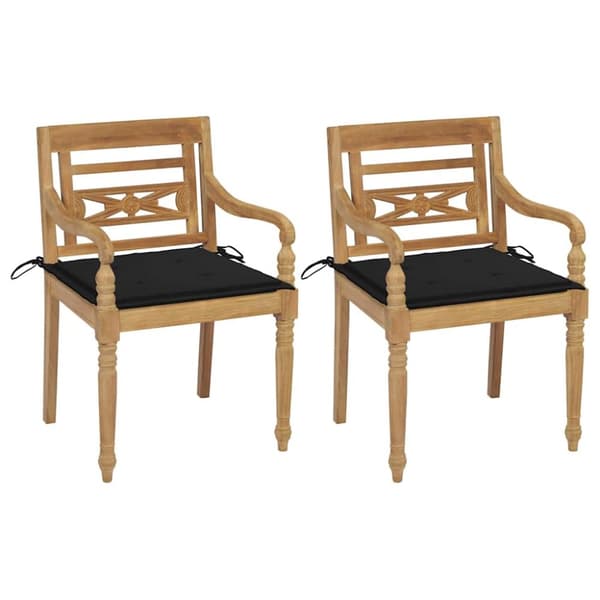 Bataviastolar 2 st med svarta dynor massiv teak