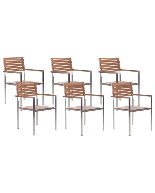 Sett med 6 hagestoler Set Light Certified Teak Wood Silver Stainless Steel Frame Rust Resistant Classic Design