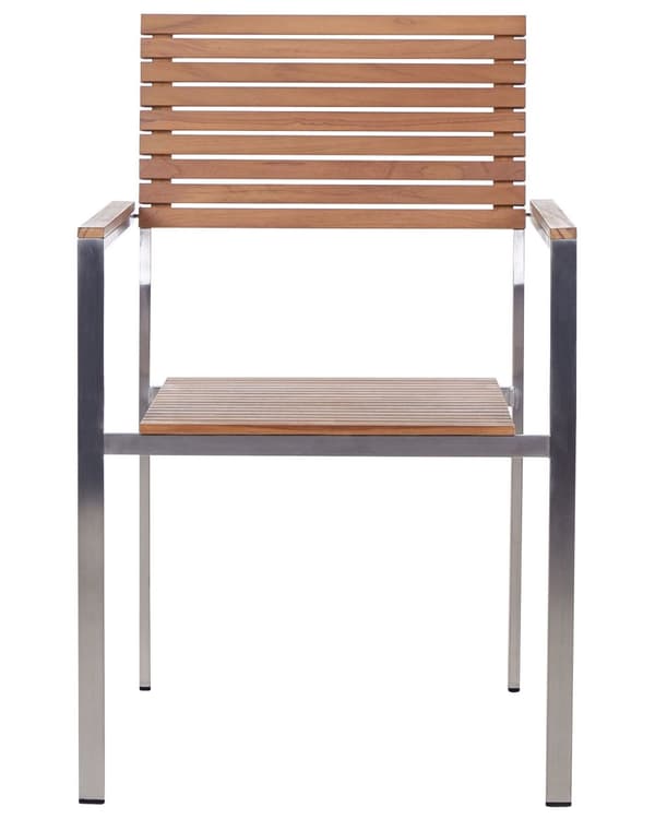 Havebord lyst træ 6 stk certificeret teak rustfrit stål stabelbart