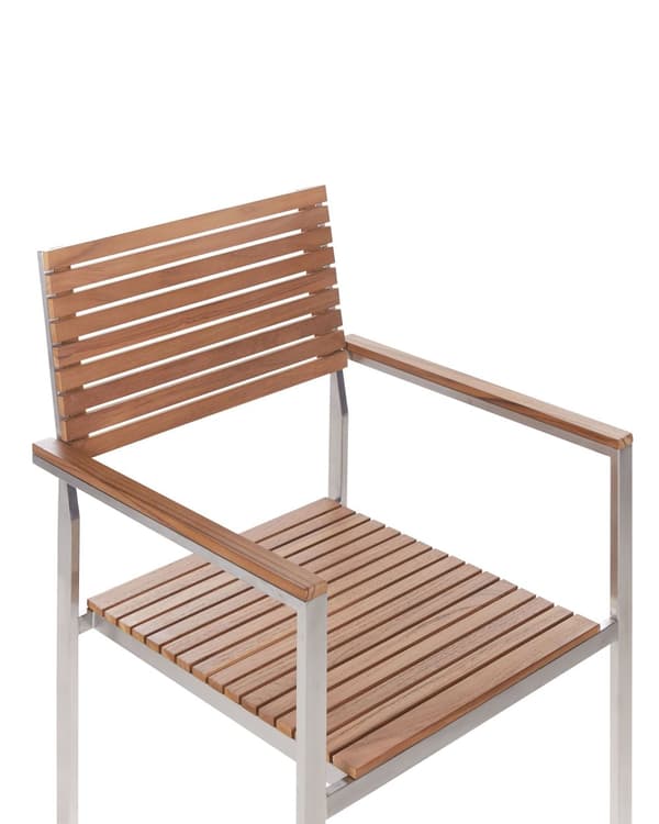 Havebord lyst træ 6 stk certificeret teak rustfrit stål stabelbart