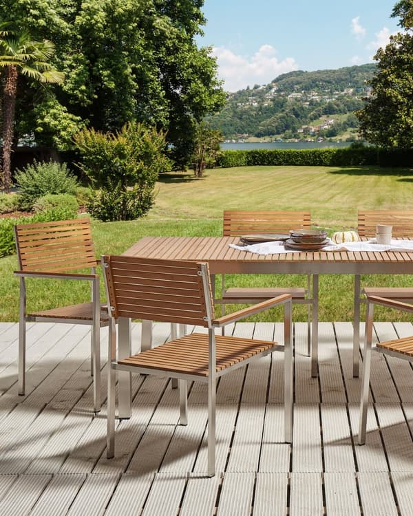 Havebord lyst træ 6 stk certificeret teak rustfrit stål stabelbart