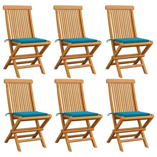 Trädgårdsstolar med blåa dynor 6 st massiv teak