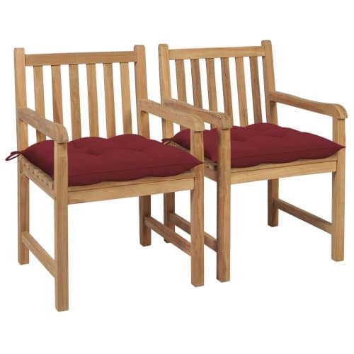Trädgårdsstolar 2 st med vinröda dynor massiv teak