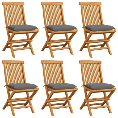Trädgårdsstolar 6 st med gråa dynor massiv teak