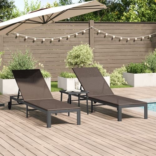 Solstolar 2 st med hjul och bord Brun Poly Rattan