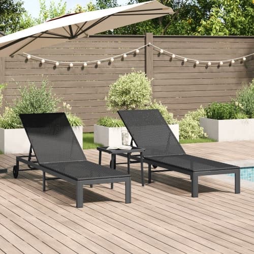 Solstolar 2 st med hjul och bord Svart Poly Rattan