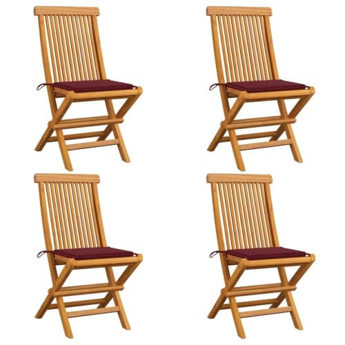 Trädgårdsstolar med vinröda dynor 4 st massiv teak