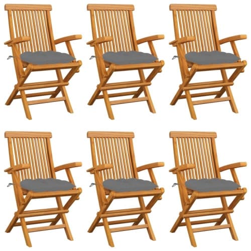 Trädgårdsstolar med gråa dynor 6 st massiv teak