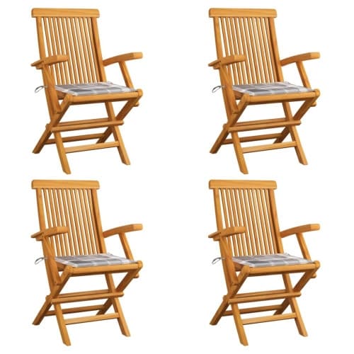 Trädgårdsstolar med dynor grått rutmönster 4 st massiv teak