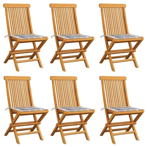 Trädgårdsstolar med dynor grått rutmönster 6 st massiv teak