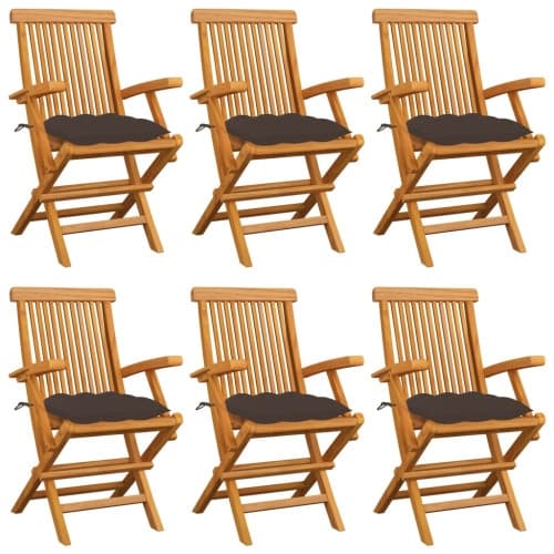 Trädgårdsstolar med taupe dynor 6 st massiv teak