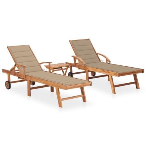 Solsäng 2 st med bord och dyna massiv teak