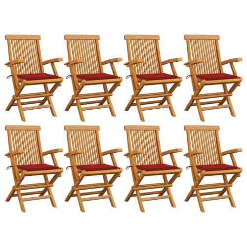 Trädgårdsstolar med röda dynor 8 st massiv teak