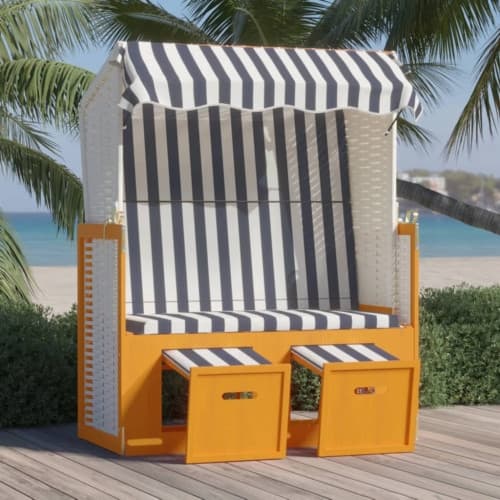 Strandkorg med tak konstrottning och massivt trä vit & blå