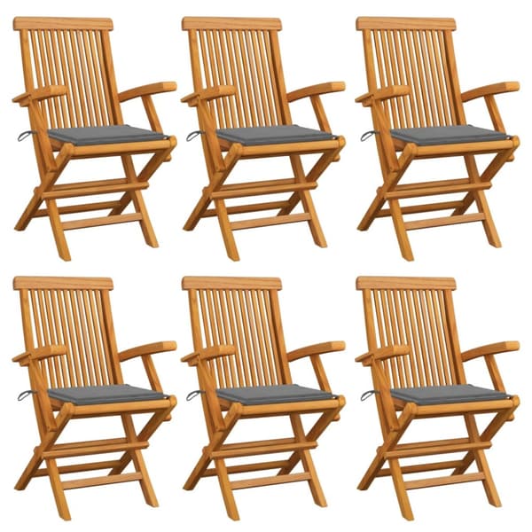 Trädgårdsstolar med gråa dynor 6 st massiv teak