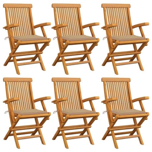 Trädgårdsstolar med beige dynor 6 st massiv teak