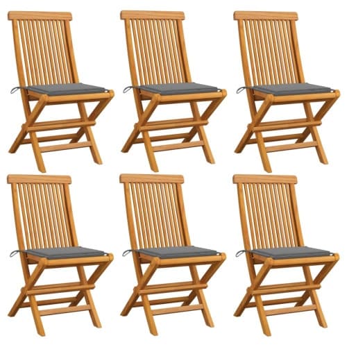Trädgårdsstolar med gråa dynor 6 st massiv teak