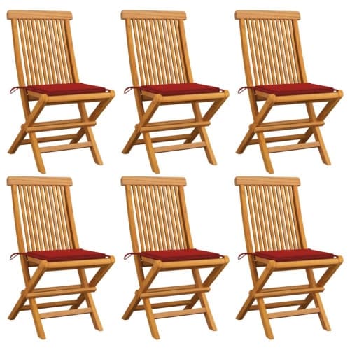 Trädgårdsstolar med röda dynor 6 st massiv teak