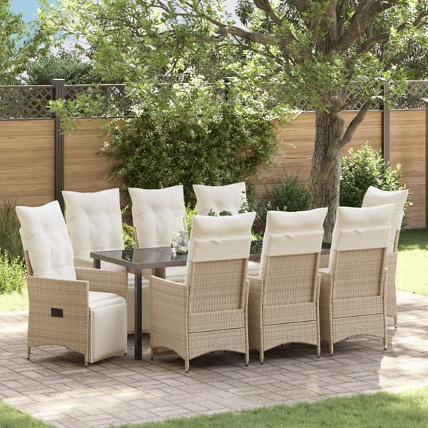 9-delat trädgårdsdining set med kuddar Beige Poly Rattan